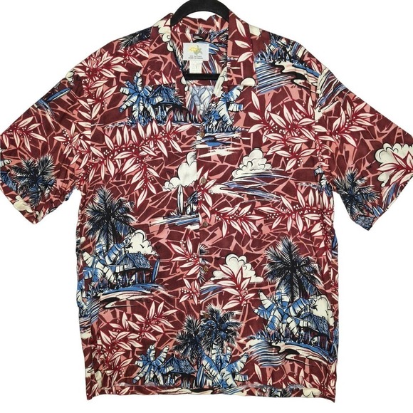Ho Aloha Mens Hawaiian Shirt Rayon Large Surfboard House Palm Tree Burgundy Blue - Picture 1 of 5